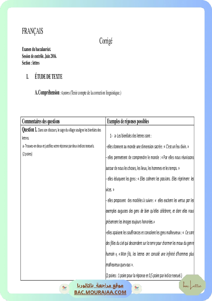 Corrigé controle francais Bac 2016 – Section lettre